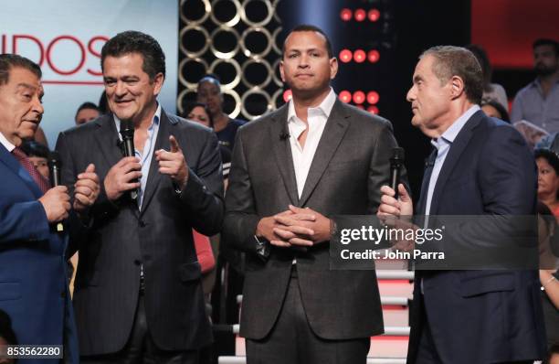 Don Francisco, Carlos Hermosillo, Alex Rodriguez and Andres Cantor onstage during TODOS UNIDOS Telemundo's Primetime Special from Cisneros Studio on...