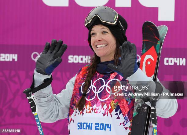 S Keri Herman waits for her score following the Ladies Ski Slopestyle Final during the 2014 Sochi Olympic Games in Krasnaya Polyana, Russia. PRESS...