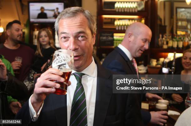 Ukip leader Nigel Farage has a pint in the Westminster Arms, London, as he celebrates his party&Otilde;s results in the polls for the European...