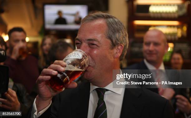 Ukip leader Nigel Farage has a pint in the Westminster Arms, London, as he celebrates his partys results in the polls for the European Parliament.