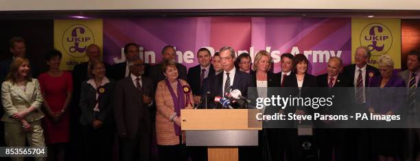 Ukip leader Nigel Farage gives a speech at the Intercontinental Hotel, London, as he celebrates his party&Otilde;s results in the polls for the...