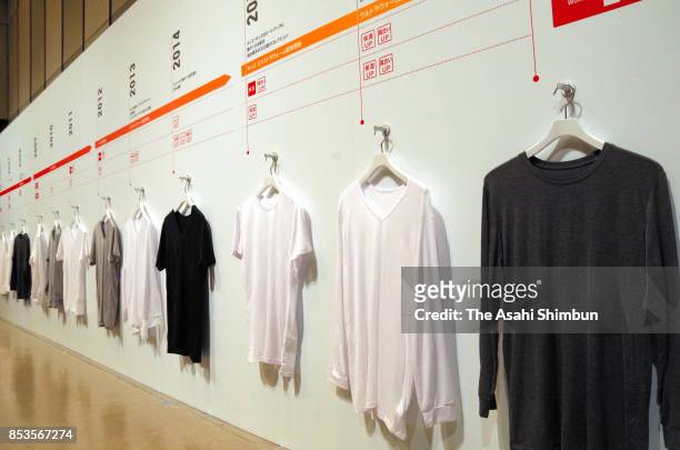 New product line are displayed during an Uniqlo Heattech press conference on September 25, 2017 in Tokyo, Japan.