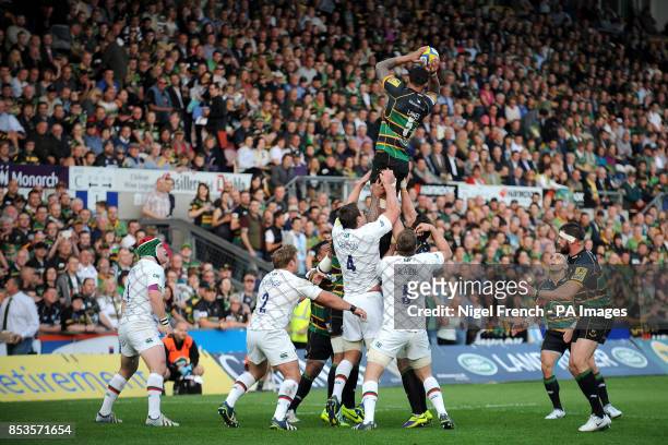 Northampton Saints' Courtney Lawes rises highest to win the line out