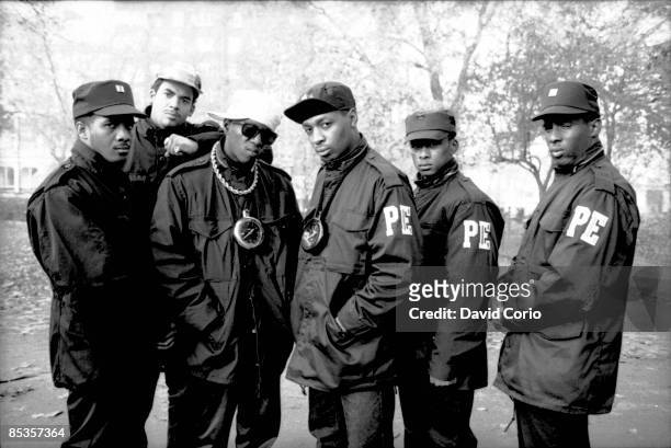Photo of Flavor FLAV and Chuck D and PUBLIC ENEMY, B&W Posed