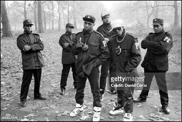 Photo of Flavor FLAV and Chuck D and PUBLIC ENEMY, B&W Posed