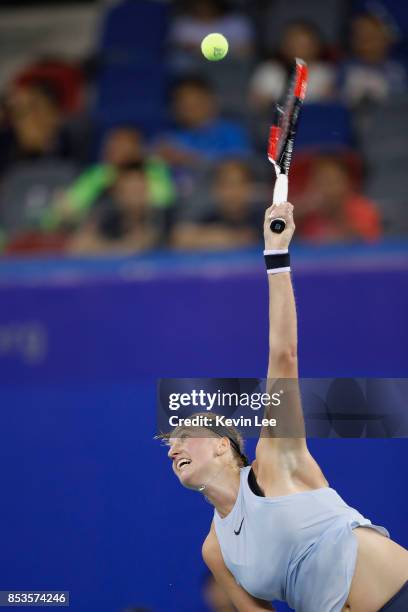 Petra Kvitova of Czech Republic serves to Peng Shuai of China in round 1 during Day 2 of 2017 Wuhan Open on September 25, 2017 in Wuhan, China.