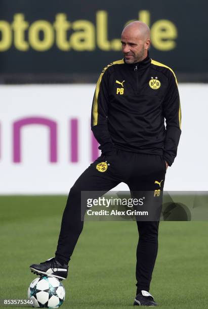 Head coach Peter Bosz of Dortmund looks on during a Borussia Dortmund training session ahead of their UEFA Champions League Group H match against...