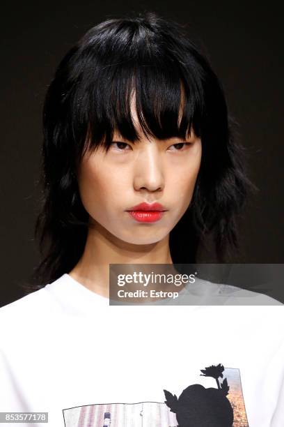 Beauty Detail at the Trussardi show during Milan Fashion Week Spring/Summer 2018 on September 24, 2017 in Milan, Italy.