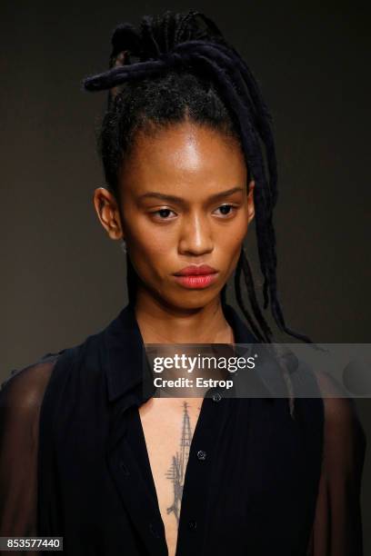 Beauty Detail at the Trussardi show during Milan Fashion Week Spring/Summer 2018 on September 24, 2017 in Milan, Italy.