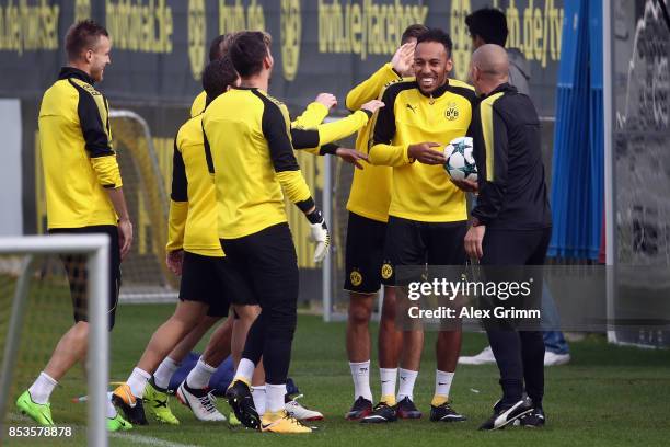 Pierre-Emerick Aubameyang and team mates attend a Borussia Dortmund training session ahead of their UEFA Champions League Group H match against Real...