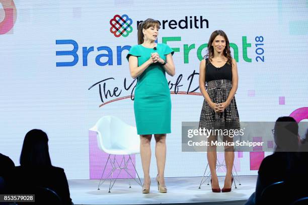 Liz Vaccariello and Hilaria Baldwin speak on stage at the Meredith Corporations Second Annual BrandFront Presentation at Cedar Lake on September 25,...