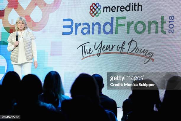 Martha Stewart speaks on stage at the Meredith Corporations Second Annual BrandFront Presentation at Cedar Lake on September 25, 2017 in New York...