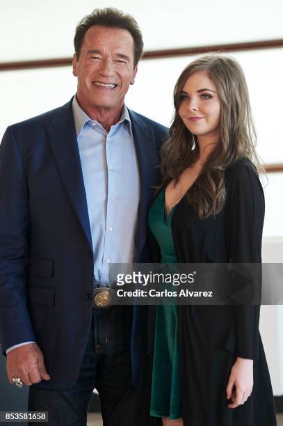 Actor Arnold Schwarzenegger and singer Maisy Kay attend the 'Wonder Of The Sea 3D' photocall at the Kursaal Palace during the 65th San Sebastian...