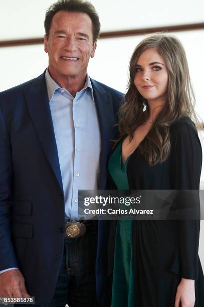 Actor Arnold Schwarzenegger and singer Maisy Kay attend the 'Wonder Of The Sea 3D' photocall at the Kursaal Palace during the 65th San Sebastian...