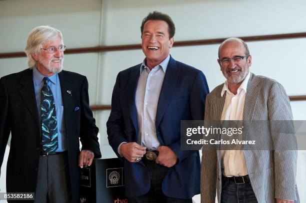 Jean Michel Cousteau, Arnold Schwarzenegger and Jean Jacques Mantello attend the 'Wonder Of The Sea 3D' photocall at the Kursaal Palace during the...