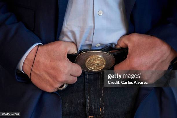 Actor Arnold Schwarzenegger, hands detail, attends the 'Wonder Of The Sea 3D' photocall at the Kursaal Palace during the 65th San Sebastian...