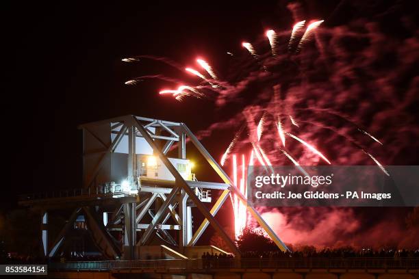 Fireworks are launched to mark the moment that Pegasus Bridge was captured by British troops on 6th June 1944 which signalled the beginning of D-Day.