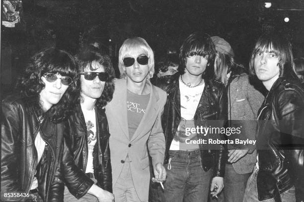 Photo of RAMONES; L-R. Joey Ramone, Tommy Ramone, Iggy Pop, Dee Dee Ramone, Johnny Ramone