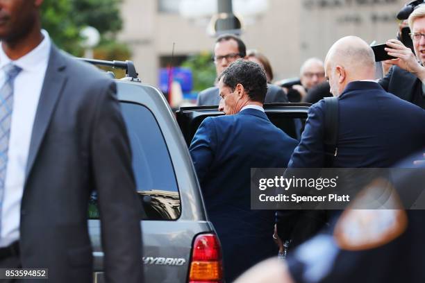 Former congressman Anthony Weiner leaves a New York courthouse after his sentencing in a sexting case on September 25, 2017 in New York City. As part...