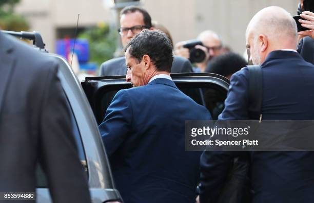 Former congressman Anthony Weiner leaves a New York courthouse after his sentencing in a sexting case on September 25, 2017 in New York City. As part...
