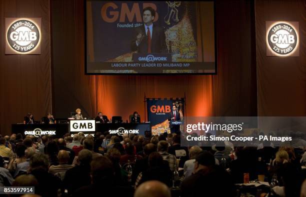 Labour Party leader Ed Miliband makes a speech during the GMB Union conference at the Capital FM Arena, Nottingham.