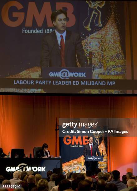 Labour Party leader Ed Miliband makes a speech during the GMB Union conference at the Capital FM Arena, Nottingham.