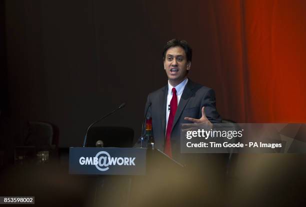 Labour Party leader Ed Miliband makes a speech during the GMB Union conference at the Capital FM Arena, Nottingham.