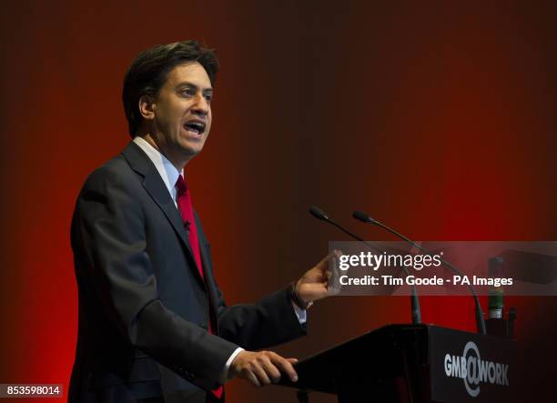 Labour Party leader Ed Miliband makes a speech during the GMB Union conference at the Capital FM Arena, Nottingham.