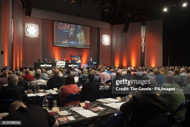 Labour Party leader Ed Miliband makes a speech during the GMB Union conference at the Capital FM Arena, Nottingham.