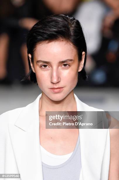 Model, beauty detail, walks the runway at the Ujoh show during Milan Fashion Week Spring/Summer 2018 on September 25, 2017 in Milan, Italy.