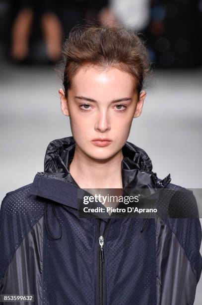 Model, beauty detail, walks the runway at the Ujoh show during Milan Fashion Week Spring/Summer 2018 on September 25, 2017 in Milan, Italy.