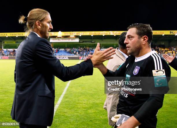 Frank Boeckx goalkeeper of RSC Anderlecht and Nicolas Frutos head coach of RSC Anderlecht celebrates pictured during the Jupiler Pro League match...