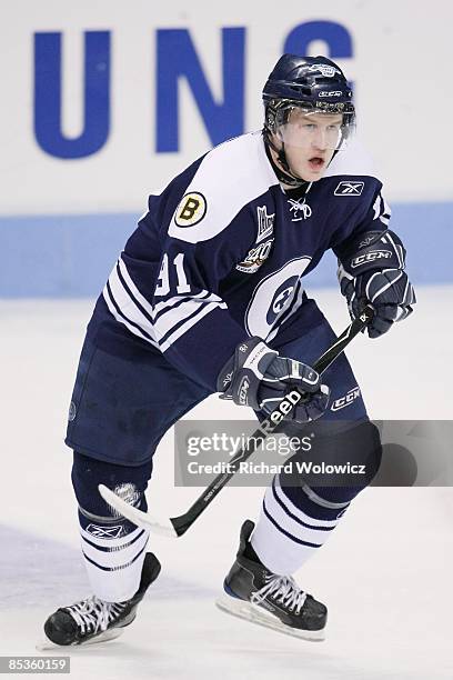 Charles-Olivier Roussel of the Shawinigan Cataractes skates during the game against the Quebec Remparts at Colisee Pepsi on March 06, 2009 in Quebec...