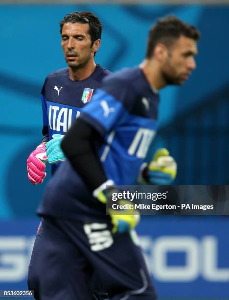 Gianluigi Buffon and Salvatore Sirigu during a training session at the Arena da Amazonia, Manaus.