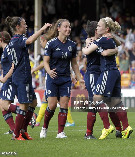 Scotland's Kim Little celebrates her goal with team mates during the FIFA Women's World Cup qualifying match at Fir Park, Motherwell.