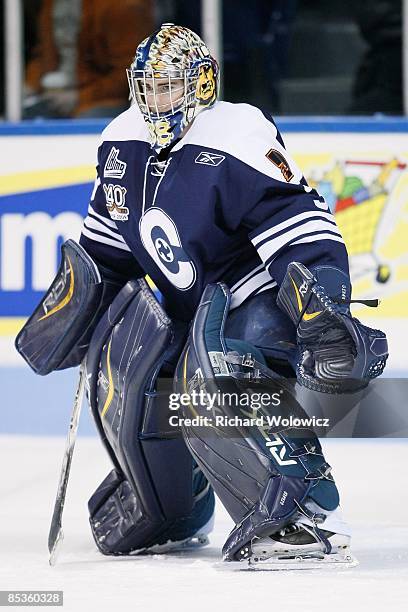 Gabriel Girard of the Shawinigan Cataractes warms up prior to facing the Quebec Remparts at Colisee Pepsi on March 06, 2009 in Quebec City, Quebec,...