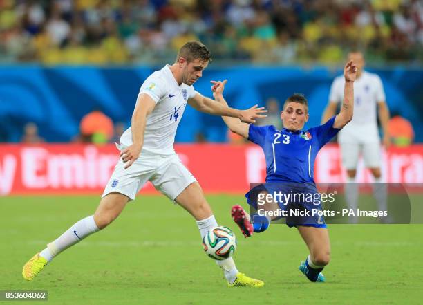 England's Jordan Henderson and Italy's Marco Verratti battle for the ball during the FIFA World Cup, Group D match at the Arena da Amazonia, Manaus,...