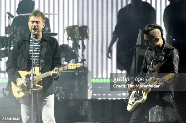 Damon Albarn and Jeff Wootton of Gorillaz perform during the 2017 Life is Beautiful Festival on September 24, 2017 in Las Vegas, Nevada.