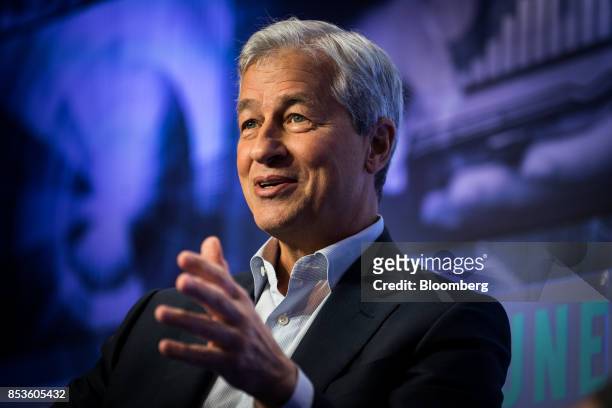 Jamie Dimon, chairman and chief executive officer of JPMorgan Chase & Co., speaks during the CEO Initiative event in New York, U.S., on Monday, Sept....
