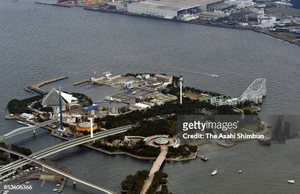In this aerial image, Yokohama Hakkeijima Sea Paradise is seen on September 23, 2017 in Yokohama, Kanagawa, Japan.