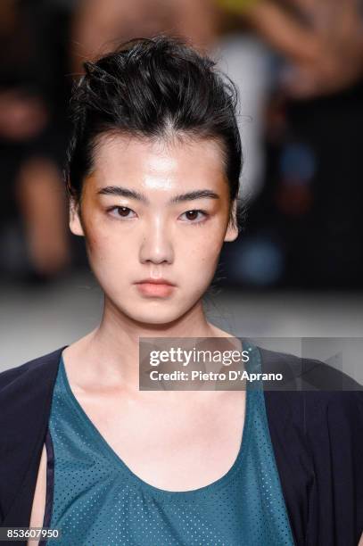 Model, beauty detail, walks the runway at the Ujoh show during Milan Fashion Week Spring/Summer 2018 on September 25, 2017 in Milan, Italy.