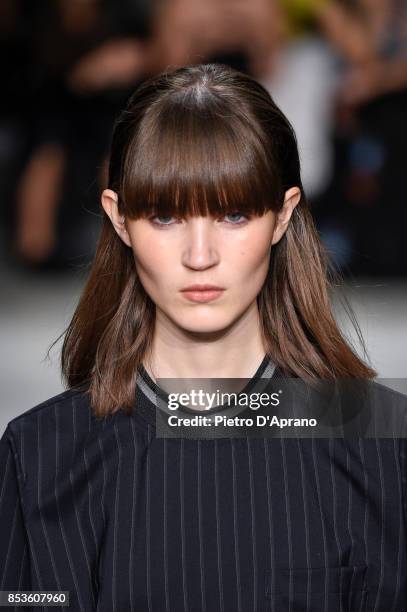 Model, beauty detail, walks the runway at the Ujoh show during Milan Fashion Week Spring/Summer 2018 on September 25, 2017 in Milan, Italy.