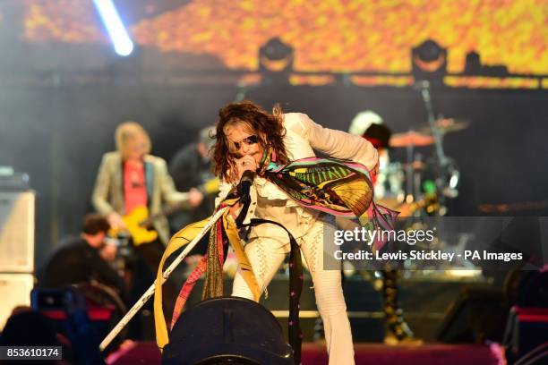 Steven Tyler of Aerosmith performs during day three of the 2014 Download Festival at Donington Park.