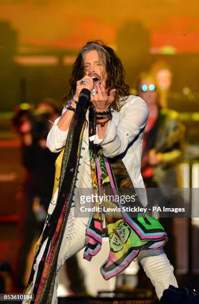 Steven Tyler of Aerosmith performs during day three of the 2014 Download Festival at Donington Park.