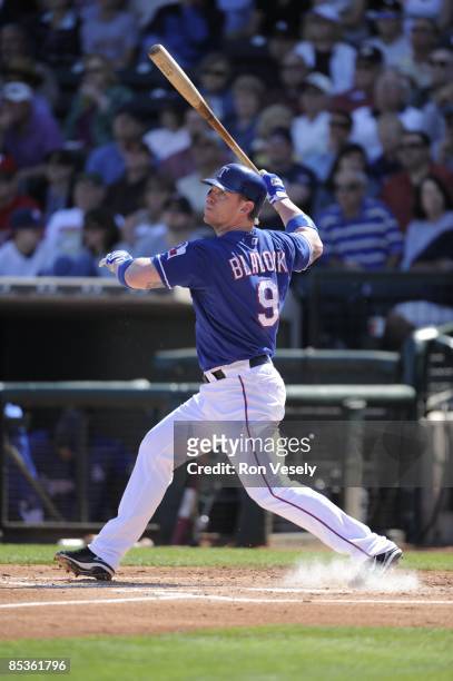 Hank Blalock of the Texas Rangers bats during the game against the Chicago White Sox on March 7, 2009 at Surprise Stadium in Surprise, Arizona.