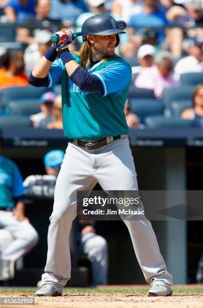 Taylor Motter of the Seattle Mariners in action against the New York Yankees at Yankee Stadium on August 26, 2017 in the Bronx borough of New York...