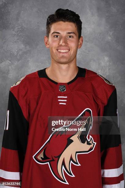 Brendan Perlini of the Arizona Coyotes poses for his official headshot for the 2017-2018 season on September 14, 2017 at the Gila River Arena in...