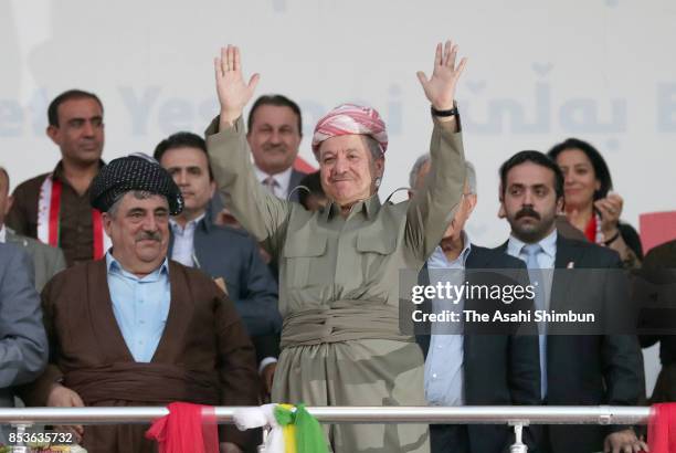 Kurdish President Masoud Barzani waves during a rally for the upcoming referendum for independence of Kurdistan on September 22, 2017 in Erbil, Iraq....
