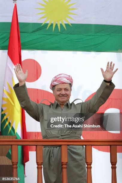 Kurdish President Masoud Barzani waves during a rally for the upcoming referendum for independence of Kurdistan on September 22, 2017 in Erbil, Iraq....