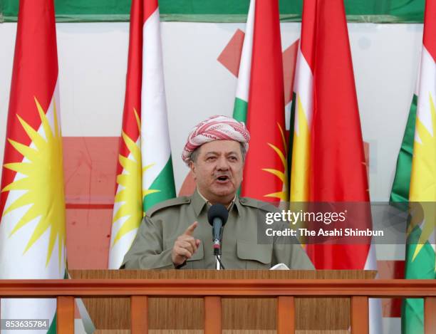 Kurdish President Masoud Barzani addresses during a rally for the upcoming referendum for independence of Kurdistan on September 22, 2017 in Erbil,...